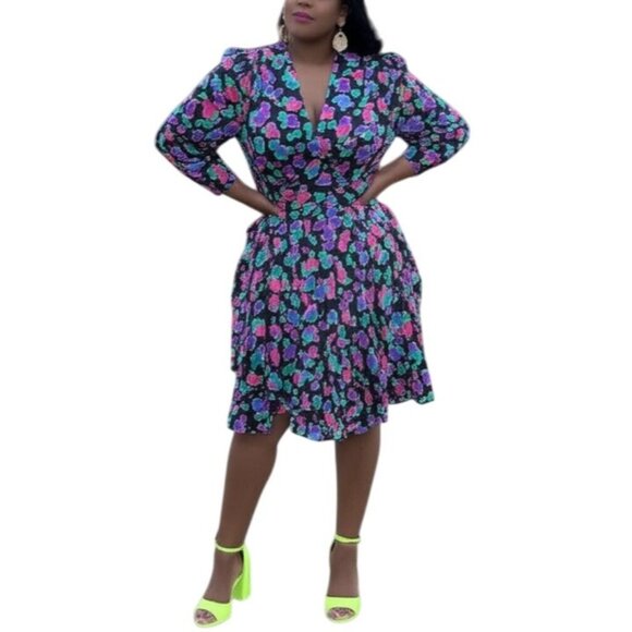 Vintage 80s Retro Gillian Floral Print Silk Whimsy With Tiered Ruffle Skirt 6 - Picture 1 of 8